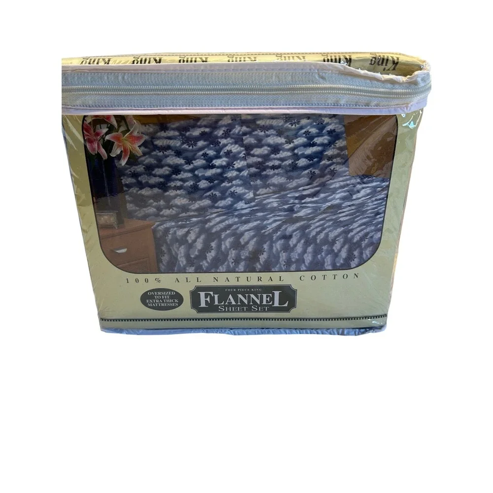 King Flannel Sheet Set Blue White Tie‎ Dye 100% Cotton 4 Pc Oversized Bedding